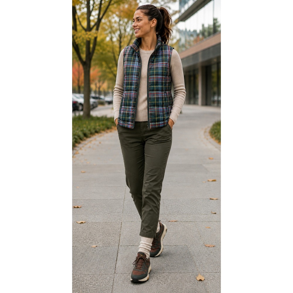 Lands End Puffer Vest Plaid Down Filled Quilted M Retro Preppy Gorpcore Tartan